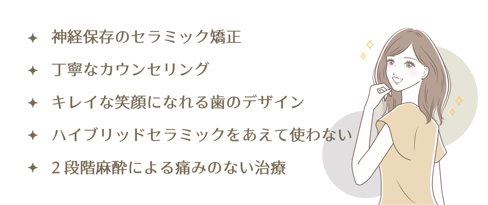 ・神経保存のセラミック矯正・丁寧なカウンセリング・キレイな笑顔になれる歯のデザイン・ハイブリッドセラミックをあえて使わない・2 段階麻酔による痛みのない治療